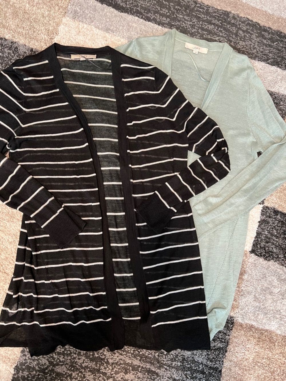 LOFT semi-sheer cardigans, black/white stripe and green, size L EUC!